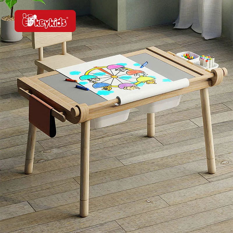 Kids Activity Desk Wooden Play Tables and Chairs with Paper roll W01D306