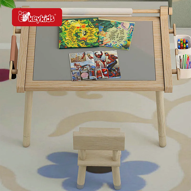 Kids Activity Desk Wooden Play Tables and Chairs with Paper roll W01D306